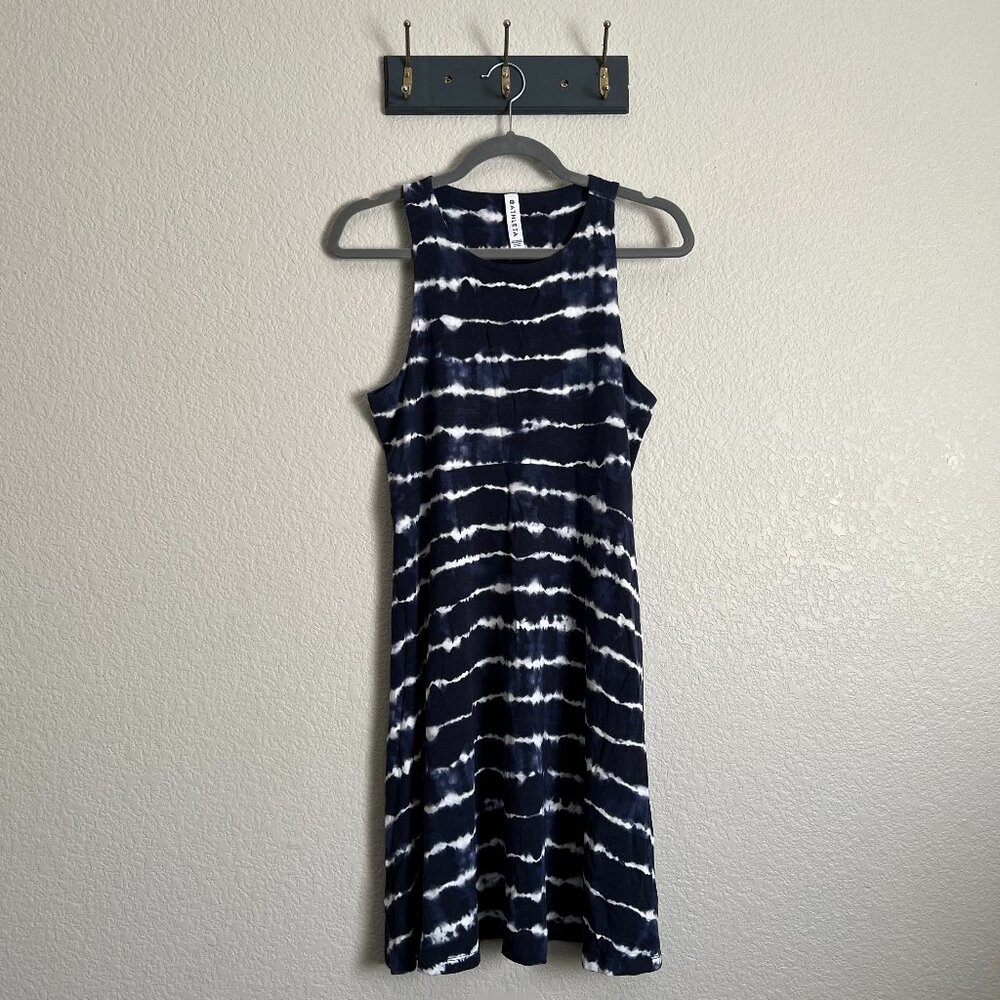 Athleta Navy Blue White Striped Athletic Fit and Flare Dress Women's M Midi EUC!